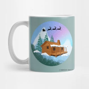 Santa and Reindeer Flying Over A Cabin in the Woods Mug